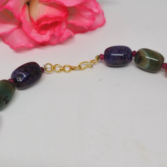 Enamel Cloisonne Crackle Agate Beaded Statement Necklace Gold Green Red Purple - Picture 6 of 14